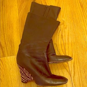 Designer animal print calf pony hair wedge brown